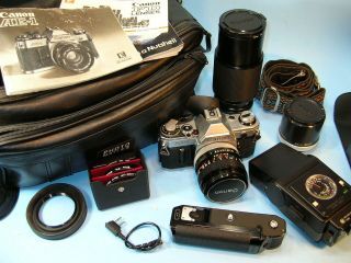 Canon Ae - 1 35mm Slr Camera W/ 3 Lenses,  Auto - Wind,  Flash,  Filters,  Bag