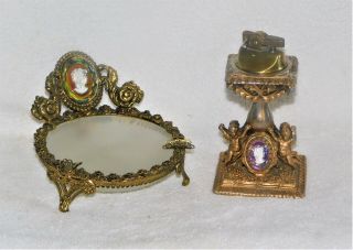 Vintage Fortune Table Lighter Ashtray Set Crystals Frosted Glass Showy