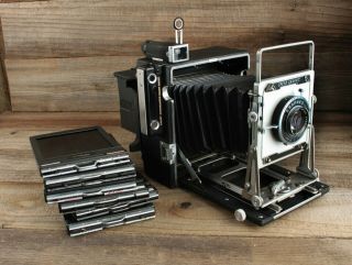 Vintage Speed Graphic Graflex 4x5 Camera W 135mm Optar Lens & 6 Film Holders