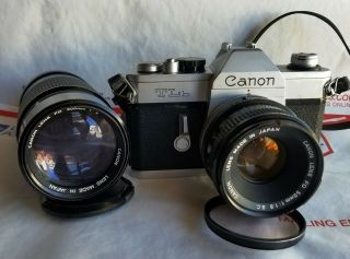 Canon Tlb 35mm Film Camera W/ Canon Lens Fd 50mm F:1.  8 & Fd 200mm F:4 Telephoto