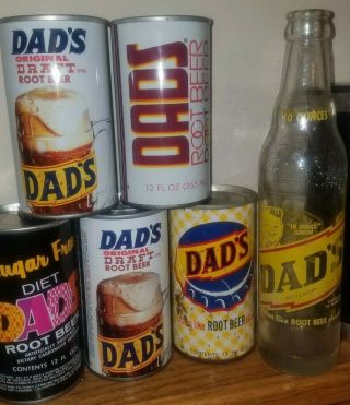 Vintage Dad’s Root Beer 5 Straight Steel Pull Tab Soda Pop Cans & 10oz Bottle
