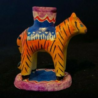 Vintage Mexican Folk Art Pottery Tree Of Life Candle Holder,  Tiger