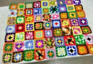 Vintage Hand Crochet Granny Square Afghan Blanket 