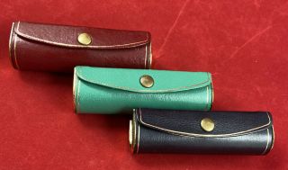 3 Vintage Leather Brevettato Lipstick Holder Case W/mirror Black Green Italy Set