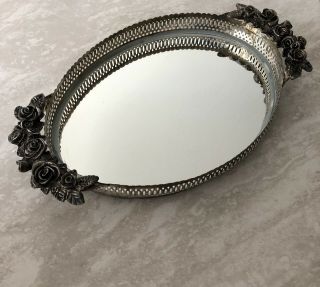 Large Rose Design Makeup Perfume Mirrored Vanity Tray Oval