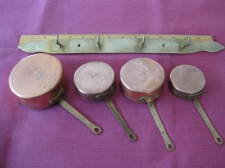 Vintage Copper Measuring Cups Set Of 4 Brass Handles Heavy Marked W/wall Mount