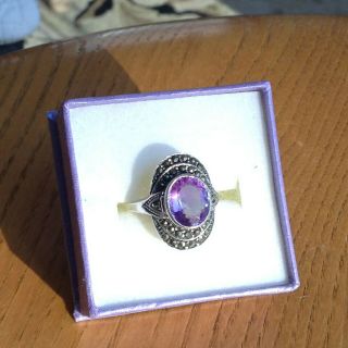Vintage Sterling Silver Amethyst Marcasite Ring Size 7.  5