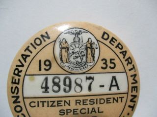 Vintage 1935 N.  Y State Resident Hunting Special Deer License 48987A Pin Button 2