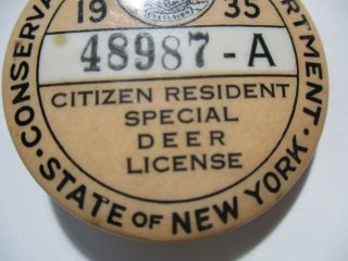 Vintage 1935 N.  Y State Resident Hunting Special Deer License 48987A Pin Button 3