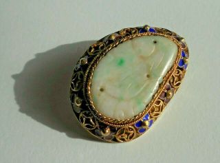 Vintage Chinese Carved Jade (?) Enamel Sterling Silver Gilt Pin