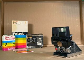 Vintage Polaroid Sx - 70 Autofocus Land Camera With Lenmar Ps - 7 Flash And Film