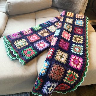Vintage Granny Square Blue Afghan Crochet - Handmade Wool Throw 60 X 76