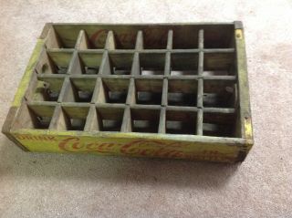 Vintage Coca - Cola Wooden Yellow 24 Bottle Crate Carrier Box - Very