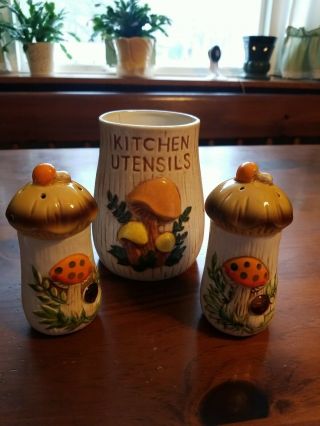 Vintage 70s Ceramic Merry Mushroom Shaker Set Utensils Holder - Sears,  Roebuck