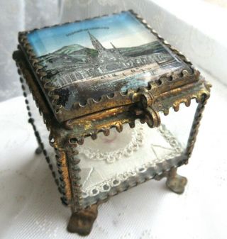 Souvenir Lourdes France Petite Antique Victorian French Footed Glass Trinket Box