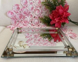 Vintage Art Deco Mirrored Glass Vanity Dresser Tray Footed Glass Rods Brass