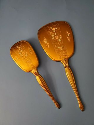 Vintage Asterloid Brush And Mirror Set In Gold With Floral Inlay