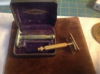 2/vintage Gillette 3 Piece Gold Tone Ball End Safety Razor One With Case