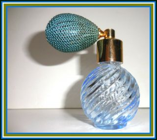 Vintage Art Glass Blue Swirl Perfume Bottle With Gold Atomizer
