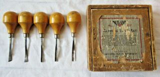 Vintage Miller Falls (5) Pc.  Carving Tool Set No.  107 In Wood Box