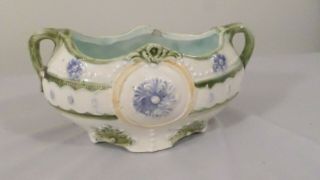 Vintage Ceramic Oval Planter Bowl With Handles,  Blue Floral,  Green,  White