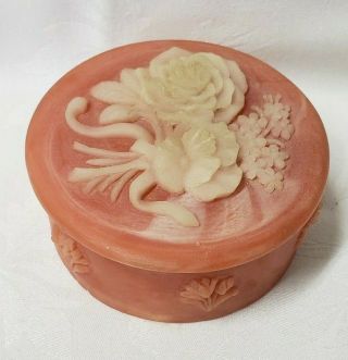 Vtg Incolay Pink Stone Round Jewelry Trinket Box With White Roses