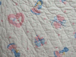 Vtg Pink Baby Blanket Lace Ruffle Hearts Ducks