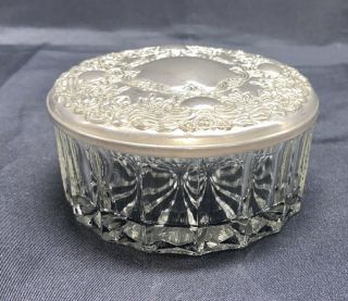Vintage Glass Powder Jar Trinket Box Pewter Lid Velvet Inside Lid