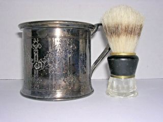 Antique Derby Shaving Mug Silver Plated W/ Milk Glass Insert,  Monogram & Brush