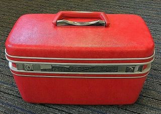 Vintage Salmon Red Samsonite Silhouette Hard Cosmetic Makeup Train Case With Key