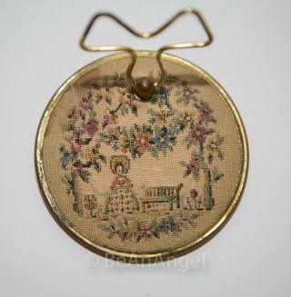 Vintage Table Top Compact Mirror With Stand - Stitched On Back Of Girl & Floral