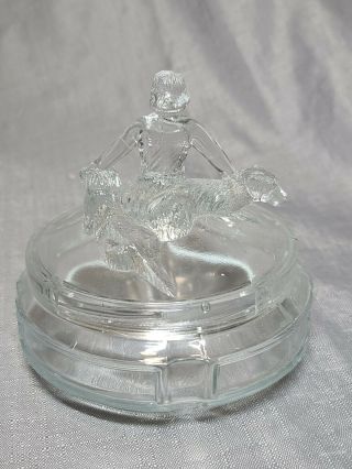 Vintage Art Deco Depressed Glass Powder Jar Woman With Dogs By Smith Jeannette