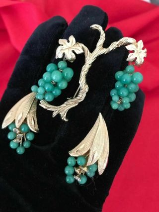Vintage Marvella Grapevine Faux Jade Green Peking Glass Brooch,  Earrings