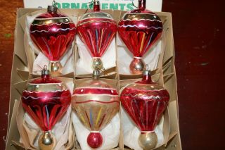 Vtg Poland Mercury Glass Hand Painted Balloon Shape Christmas Ornaments 6 W Box