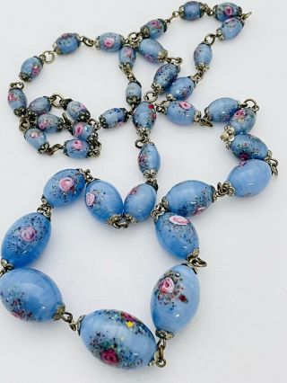 Vintage Murano Blue Swirl Glass Painted Pink Roses Wedding Cake Bead Necklace