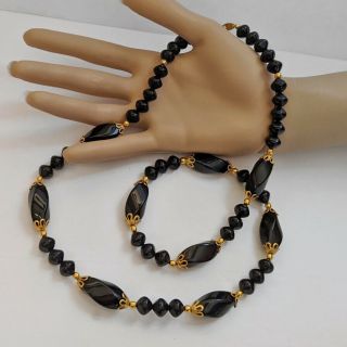 Vintage Signed Trifari Black Lucite & Gold Tone Bead Necklace 29 " Vtg Jewelry