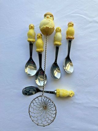 Rare,  Vintage: Inox Silea Easter Chick Egg Separator With Set Of 5 Egg Spoons