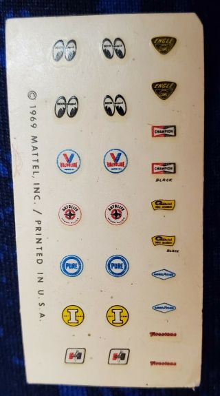 Vintage 1969 Mattel Redline Hot Wheels Car Water Slide Decal Stickers Only Pure