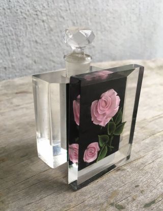 Delicious Mcm Vintage Framed Pink Roses Lucite Holder Perfume Bottle Vanity
