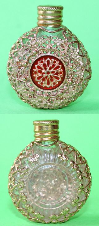 Vintage Czechoslovak Miniature Glass / Metal Filigree Perfume Bottle 1950 - 60 