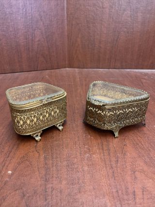 2 Vintage Ormolu Filigree Jewelry Casket Trinket Boxes Gold Gilt Beveled Glass