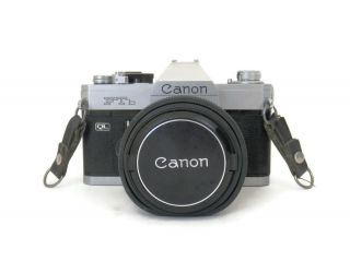 1970 ' s Era Canon 35mm Camera FTb QL w/FD 50mm Lens Black & Chrome Case Japan 2