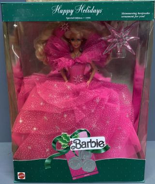Vintage 1990 Happy Holidays Barbie Doll Blonde Pink Dress Mattel Box