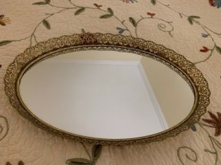 Vintage Large Ornate Gilt Metal Filigree Oval Mirror Vanity Tray 16 - 1/2”