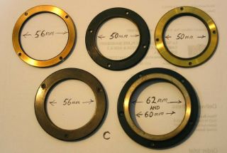 5 Brass Flanges For Large Camera Lenses.  Thread Diameters - 50 To 62 Mm