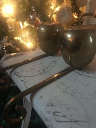 2 Vtg Stocking Hanger Holder Solid Brass Long Arm Golden Apples Christmas India