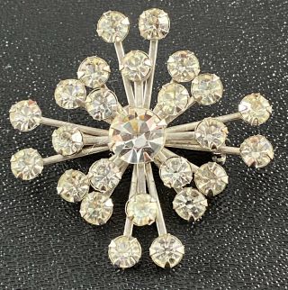 Vintage Brooch Pin 1.  5” Star Burst Crystal Rhinestones Silver Tone