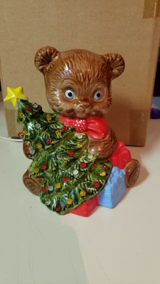 Vintage Ceramic Teddy Bear Christmas Tree Night Light Table Lamp 1989