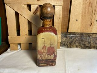 Vintage Fausto Conturi Leather Wrapped Bottle Decanter Nautical Ship