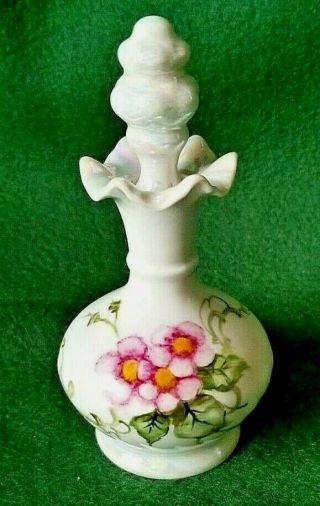Vintage Porcelain Perfume Bottle Hand Painted White Luster W/ Pink Flowers